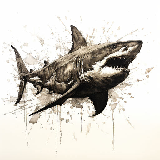 Black and white illustration of a shark in necronomicon style, lively action poses, white background