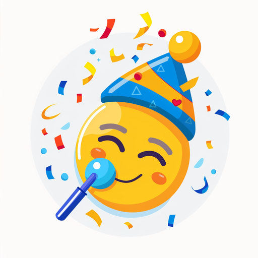 Yellow face blowing party blower wearing blue striped hat