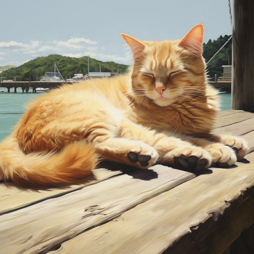 Manx cat lying on a dock