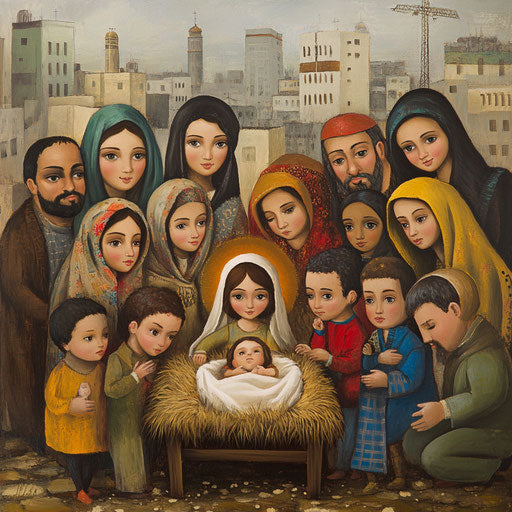 Modern nativity in urban setting with diverse faces around the manger