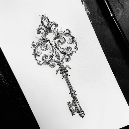 Enigmatic key with baroque filigree, bold tattoo sketch