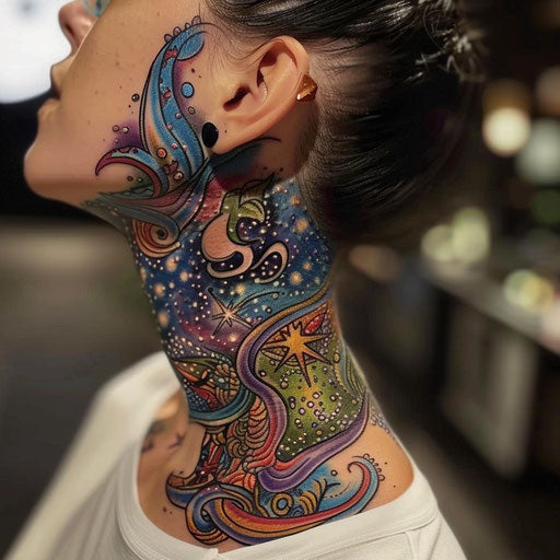 Neck tattoos for women in the style of Guy Aitchison with cosmic, colorful designs