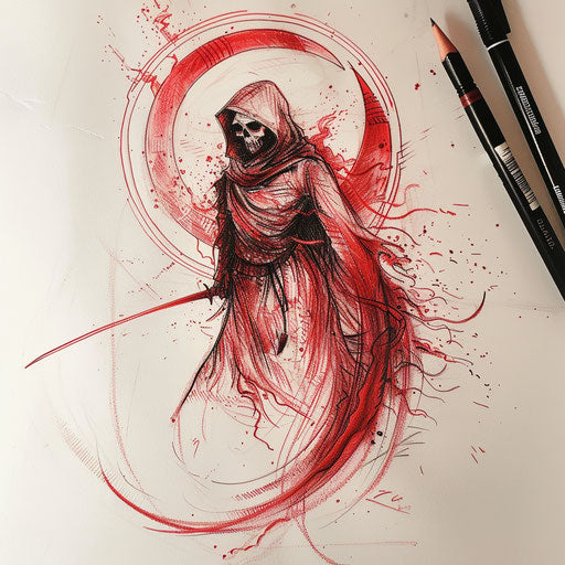 Monochromatic red reaper death seal tattoo sketch