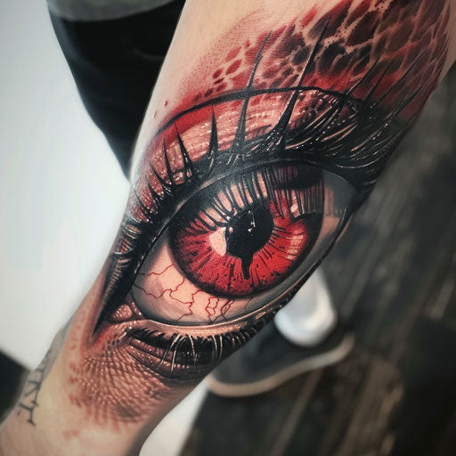 Realistic devil's eye tattoo in red and black on white background
