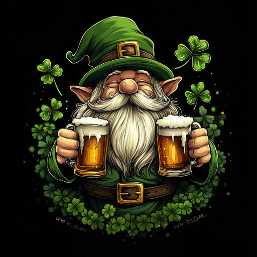 St. Patrick's Day gnome with hat, holding two mugs of beer