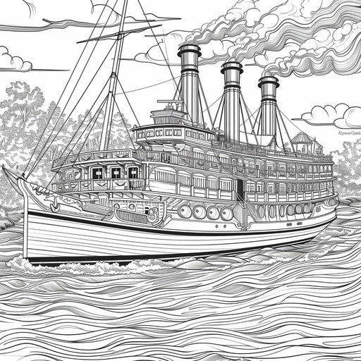 Steamboat with large paddles on a river, coloring book page