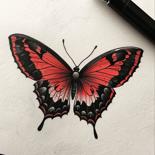 Bold red butterfly with black outlines in a clipart style tattoo sketch