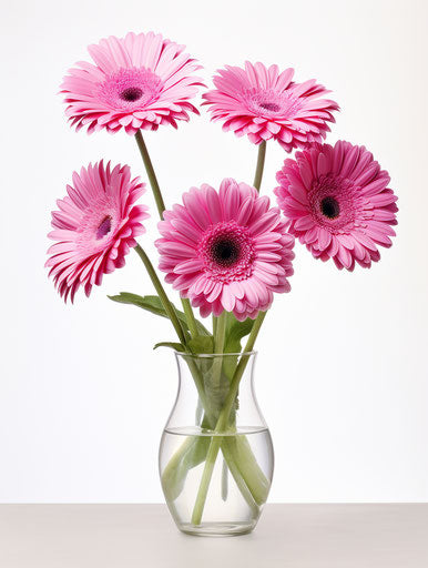 Four pink gerbera in a single vase on white background