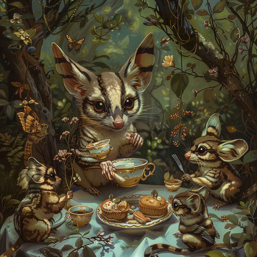 A sugar glider participating in a tea party with other forest creatures
