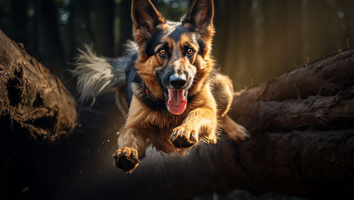 German shepherd dog jumping, in the style of petcore, light navy and light amber