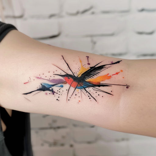 Modern abstract swallow tattoo with splashes of color