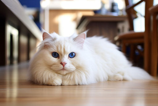 White fluffy cat lying on a wooden kitchen floor