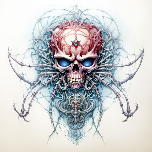 Spider tattoo with skull and web, maroon and azure colors