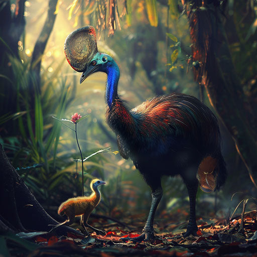 Cassowary and its young, tender and warm, in the style of Ashraful Arefin
