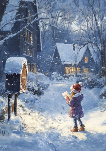 Winter scene with a little girl putting a letter in the mailbox