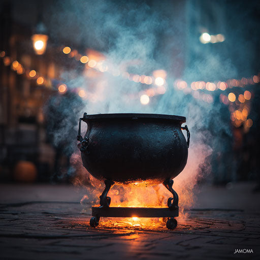 Large black cauldron with a magical glow