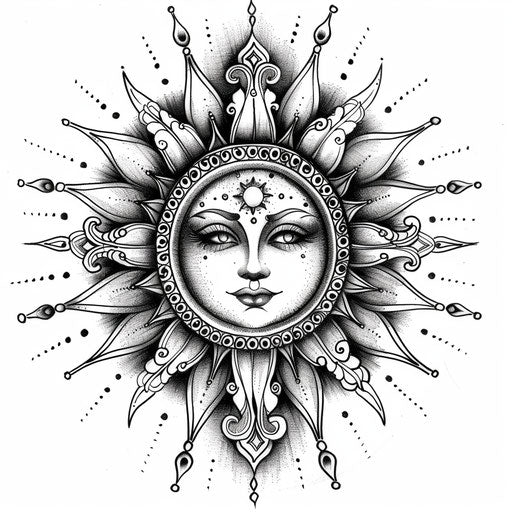 Detailed sketch of a rising sun with ornate mandala designs in clipart style