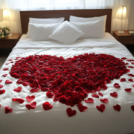 The sheets are covered with red rose petals in heart shapes