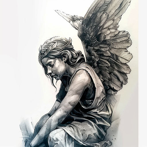 Realism guardian angel tattoo in black and grey on white