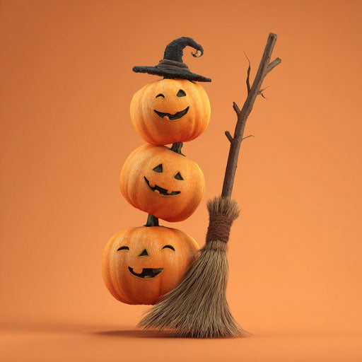 Stacked pumpkins and a witch's broom for Halloween