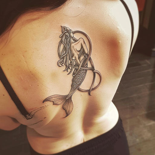 Celtic knot mermaid tattoo, integrating Celtic knots with the form of a mermaid, elegantly placed on a white background.