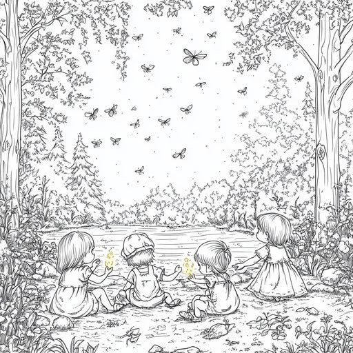 Children playing with fireflies at night, in the style of Mindy Sommers, coloring book page