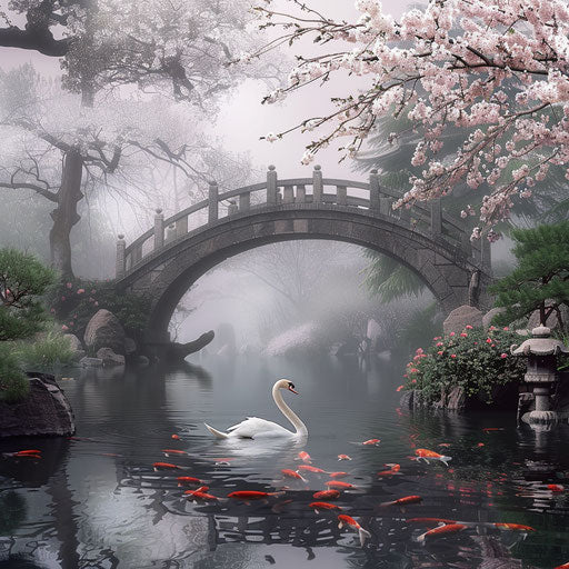 Swan gliding under a stone bridge in a misty Japanese garden