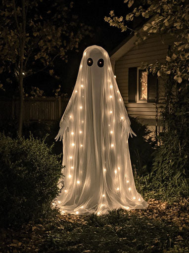 Halloween ghost costume with light-up eyes and hands, in the yard at night illuminated by warm white lights