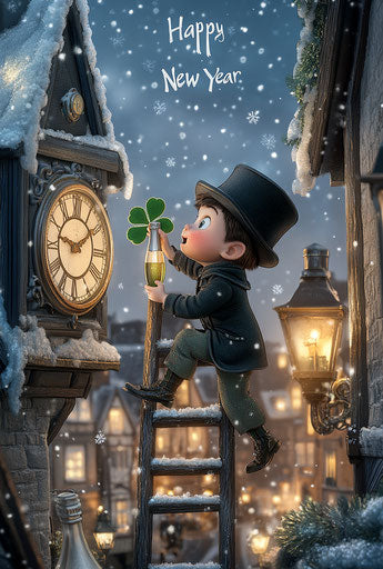 A cute boy in a black top hat climbs a clock tower on a snowy rooftop, celebrating the New Year