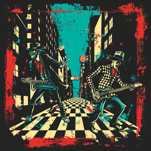 Ska band emblem with playful checkerboard fonts and lively street backdrop