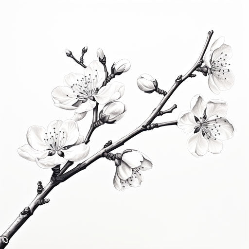Black and white drawing of an apricot blossom