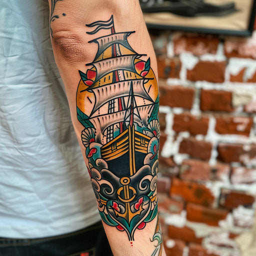 Men's forearm tattoo with ship and anchor, Sailor Jerry style