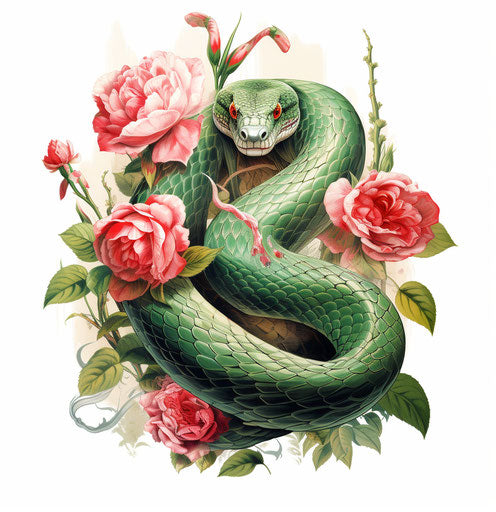 Snake with roses on white background, bold Asian colors