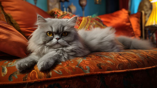 Gray cat on orange couch, Persian miniature style, maroon and azure