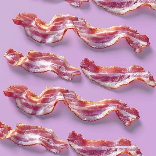 Soft lavender flat background, bacon clipart with realistic touch, enhanced by shimmering gloss and precise details