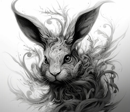 Rabbit tattoo, rough-edged 2D animation style, distorted forms, sculpted sketchy lines