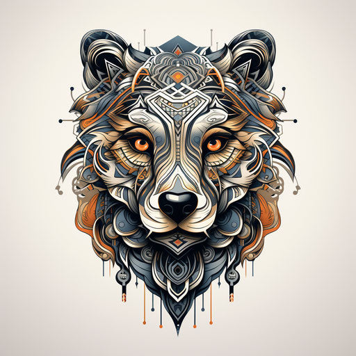 Bear head drawing on white background, tribal style in chrome