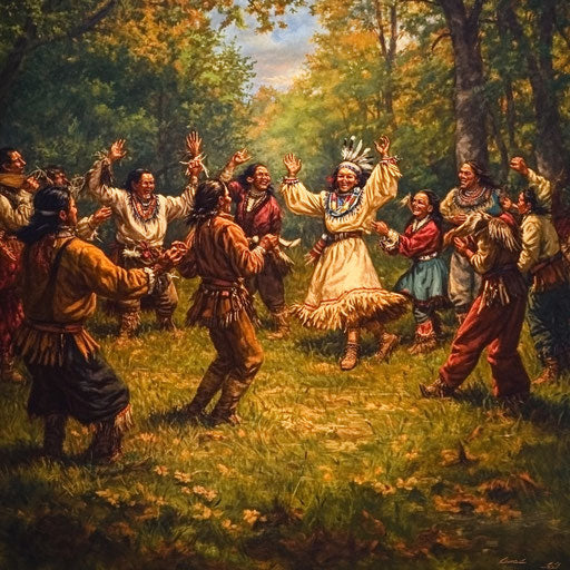Pilgrims and Native Americans dancing to celebrate harvest