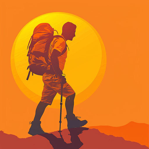 Realistic hiking illustration on sunset orange background