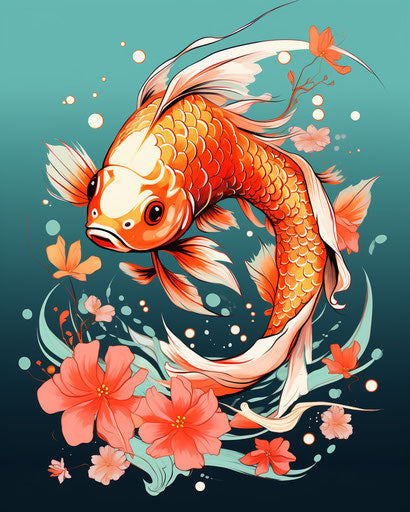 Koi fish swimming in water with flowers, classic tattoo style