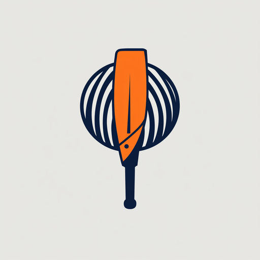 Minimalist cricket logo with a sleek bat and ball icon, integrated with refined typography, in a vibrant orange and navy blue color palette, isolated on a flat light gray background.