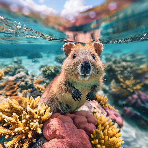 Curious quokka behind a colorful coral reef