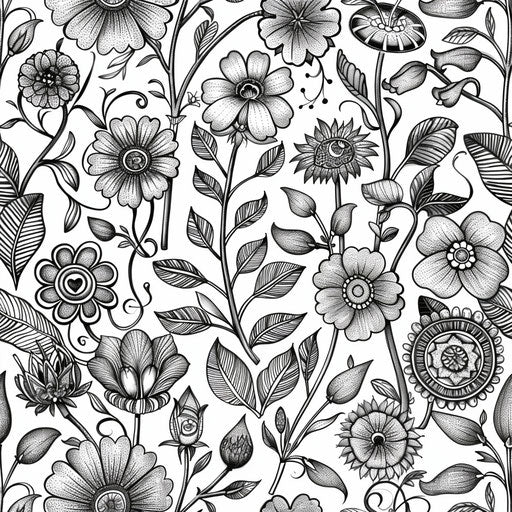 Enchanting garden patterns in the style of Johanna Basford Coloring book page