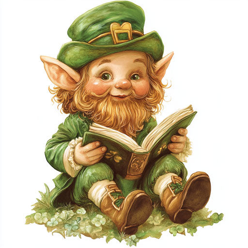 Adorable leprechaun reading, clipart on white background
