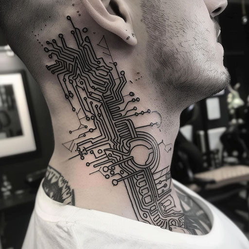 Neck tattoo with cybernetic circuits