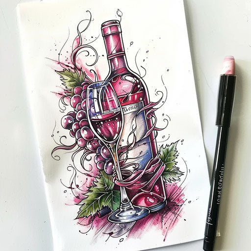 Italian wine bottle and glass tattoo design, elegant in color, on white background