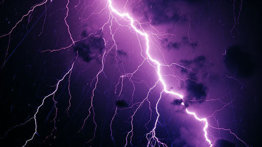 Purple lightning in night sky, 35mm film style