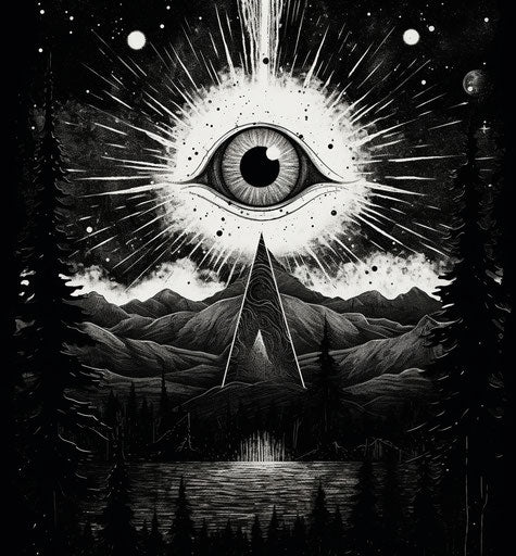 The all-seeing eye with sunbeams in sparse, angular linework style