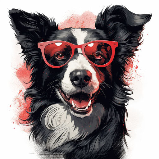 Border collie dog with glasses, graphic design style, trenchcore