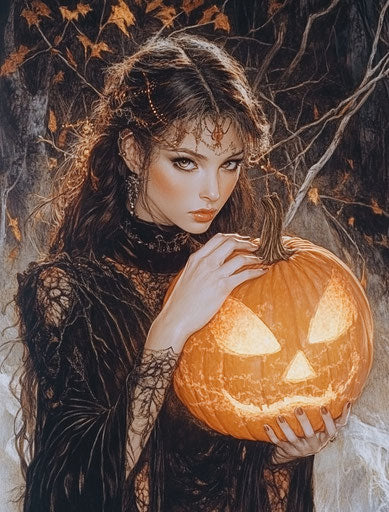 Witch with glowing orange pumpkin